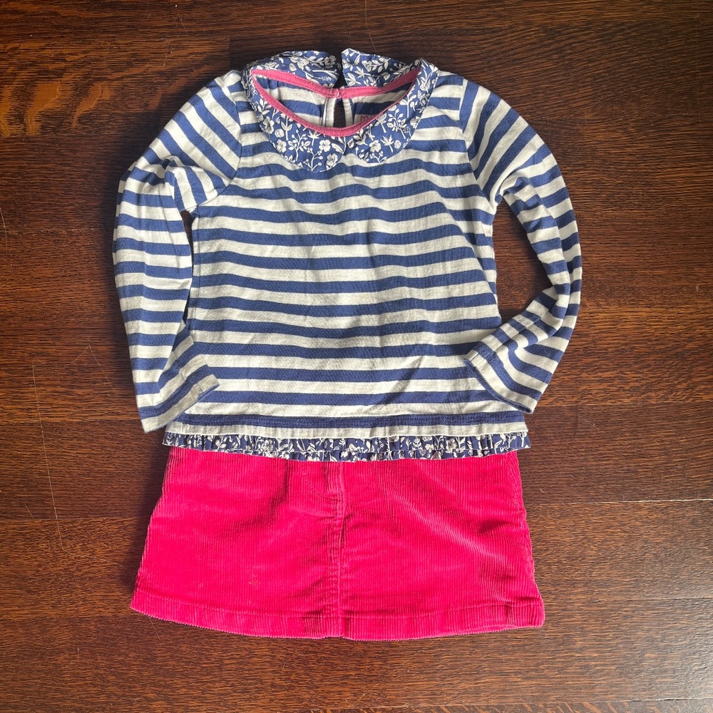 Mini Boden Corduroy Hot Pink Skirt and Striped Peter Pan Shirt